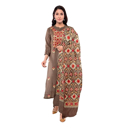 CASMIR WOMEN BEIGE ZARI EMBROIDERY PASHMINA STOLE Combine UNSTITCHED SUIT &amp; SALWAR (NAAZ103)-NAAZ103-BEIGE