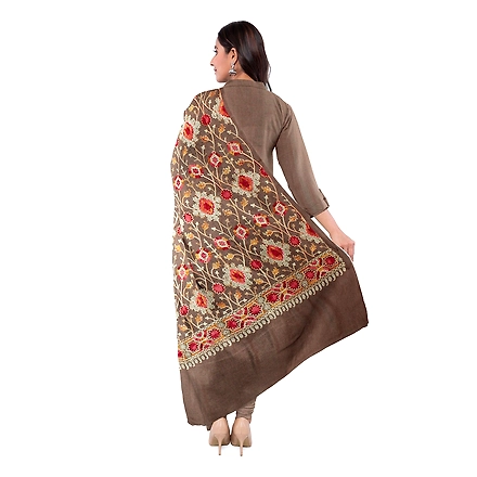CASMIR WOMEN BEIGE ZARI EMBROIDERY PASHMINA STOLE Combine UNSTITCHED SUIT &amp; SALWAR (NAAZ103)-BEIGE-1