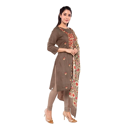 CASMIR WOMEN BEIGE ZARI EMBROIDERY PASHMINA STOLE Combine UNSTITCHED SUIT &amp; SALWAR (NAAZ103)-BEIGE-3