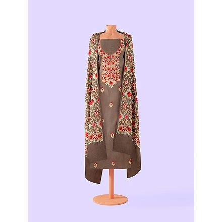 CASMIR WOMEN BEIGE ZARI EMBROIDERY PASHMINA STOLE Combine UNSTITCHED SUIT &amp; SALWAR (NAAZ103)-BEIGE-5
