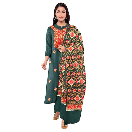 CASMIR WOMEN GREEN ZARI EMBROIDERY PASHMINA STOLE Combine UNSTITCHED SUIT &amp; SALWAR (NAAZ103)-NAAZ103-B-GREEN