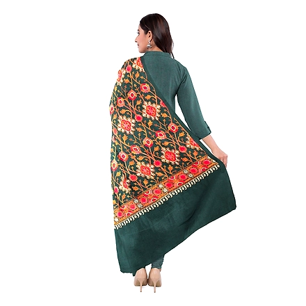 CASMIR WOMEN GREEN ZARI EMBROIDERY PASHMINA STOLE Combine UNSTITCHED SUIT &amp; SALWAR (NAAZ103)-GREEN-1