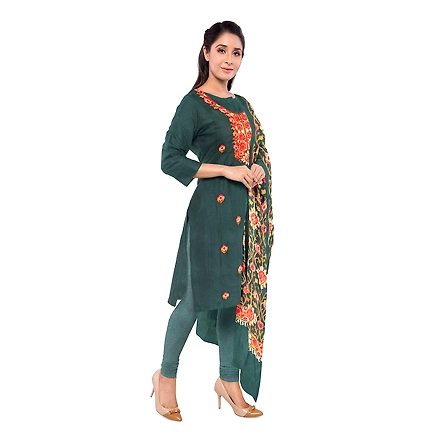 CASMIR WOMEN GREEN ZARI EMBROIDERY PASHMINA STOLE Combine UNSTITCHED SUIT &amp; SALWAR (NAAZ103)-GREEN-3
