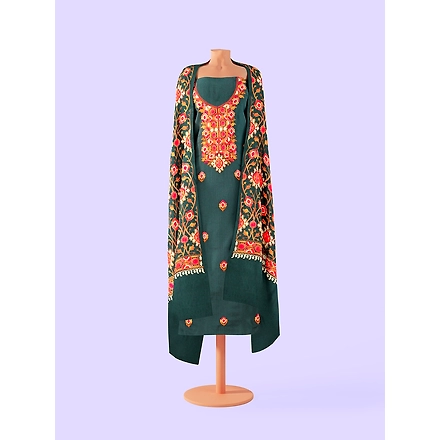 CASMIR WOMEN GREEN ZARI EMBROIDERY PASHMINA STOLE Combine UNSTITCHED SUIT &amp; SALWAR (NAAZ103)-GREEN-5
