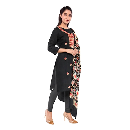 CASMIR WOMEN BLACK  ZARI EMBROIDERY PASHMINA STOLE Combine UNSTITCHED SUIT &amp; SALWAR (NAAZ103)-BLACK-3