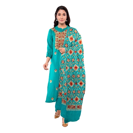 CASMIR WOMEN C.GREEN  ZARI EMBROIDERY PASHMINA STOLE Combine UNSTITCHED SUIT &amp; SALWAR (NAAZ103)-NAAZ103-FIROZI