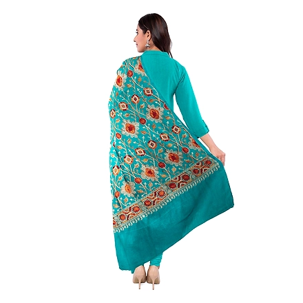 CASMIR WOMEN C.GREEN  ZARI EMBROIDERY PASHMINA STOLE Combine UNSTITCHED SUIT &amp; SALWAR (NAAZ103)-C.GREEN-1