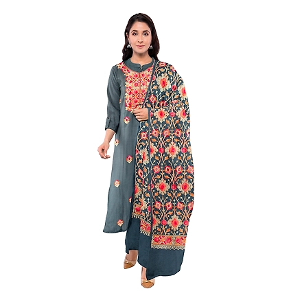 CASMIR WOMEN GREY ZARI EMBROIDERY PASHMINA STOLE Combine UNSTITCHED SUIT &amp; SALWAR (NAAZ103)-NAAZ103-GREY