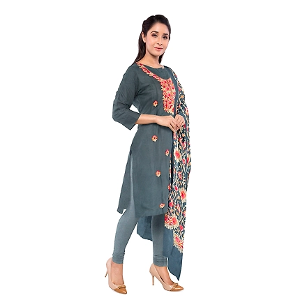 CASMIR WOMEN GREY ZARI EMBROIDERY PASHMINA STOLE Combine UNSTITCHED SUIT &amp; SALWAR (NAAZ103)-GREY-3