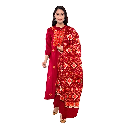 CASMIR WOMEN MAROON ZARI EMBROIDERY PASHMINA STOLE Combine UNSTITCHED SUIT &amp; SALWAR (NAAZ103)-NAAZ103-MAROON