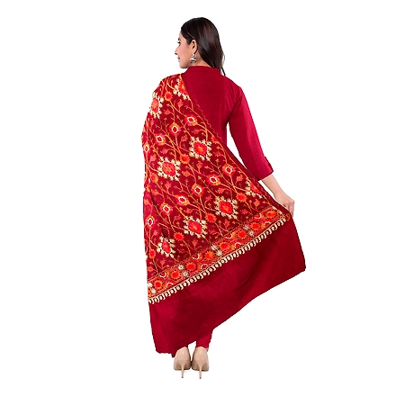 CASMIR WOMEN MAROON ZARI EMBROIDERY PASHMINA STOLE Combine UNSTITCHED SUIT &amp; SALWAR (NAAZ103)-MAROON-1
