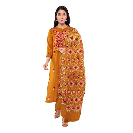 CASMIR WOMEN MUSTARD ZARI EMBROIDERY PASHMINA STOLE Combine UNSTITCHED SUIT &amp; SALWAR (NAAZ103)-NAAZ103-MUSTARD