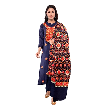 CASMIR WOMEN NAVY ZARI EMBROIDERY PASHMINA STOLE Combine UNSTITCHED SUIT &amp; SALWAR (NAAZ103)-NAAZ103-NAVY