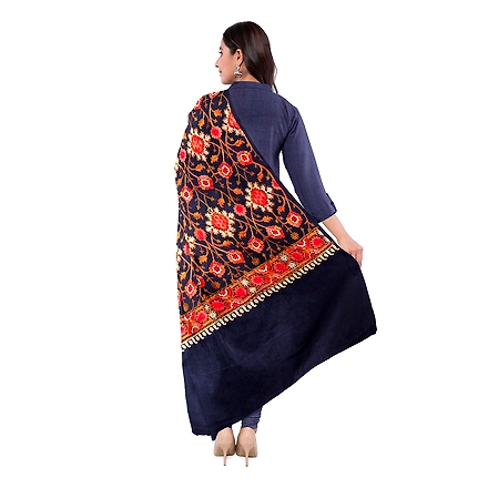 CASMIR WOMEN NAVY ZARI EMBROIDERY PASHMINA STOLE Combine UNSTITCHED SUIT &amp; SALWAR (NAAZ103)-NAVY-1