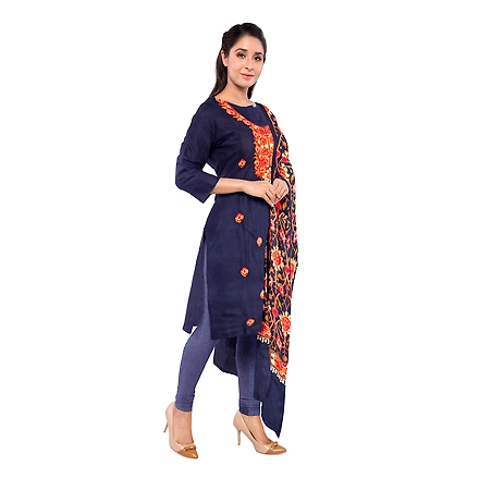 CASMIR WOMEN NAVY ZARI EMBROIDERY PASHMINA STOLE Combine UNSTITCHED SUIT &amp; SALWAR (NAAZ103)-NAVY-3