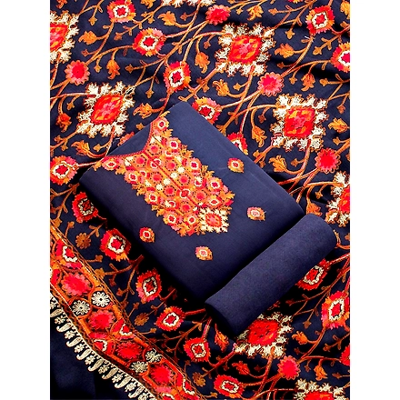 CASMIR WOMEN NAVY ZARI EMBROIDERY PASHMINA STOLE Combine UNSTITCHED SUIT &amp; SALWAR (NAAZ103)-NAVY-4