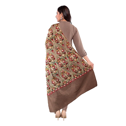 CASMIR WOMEN BEIGE ZARI EMBROIDERY PASHMINA STOLE Combine UNSTITCHED SUIT &amp; SALWAR (NAAZ106)-BEIGE-1