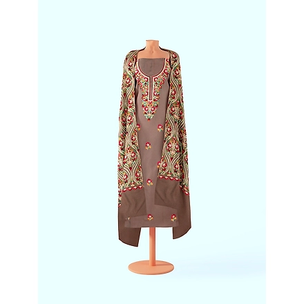 CASMIR WOMEN BEIGE ZARI EMBROIDERY PASHMINA STOLE Combine UNSTITCHED SUIT &amp; SALWAR (NAAZ106)-BEIGE-5