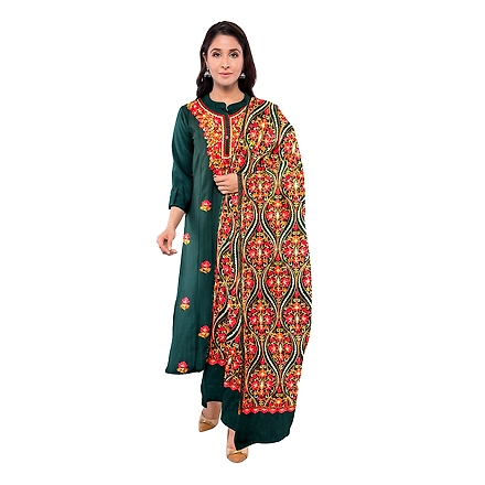 CASMIR WOMEN GREEN ZARI EMBROIDERY PASHMINA STOLE Combine UNSTITCHED SUIT &amp; SALWAR (NAAZ106)-NAAZ106-B-GREEN