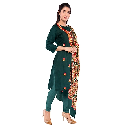 CASMIR WOMEN GREEN ZARI EMBROIDERY PASHMINA STOLE Combine UNSTITCHED SUIT &amp; SALWAR (NAAZ106)-GREEN-3