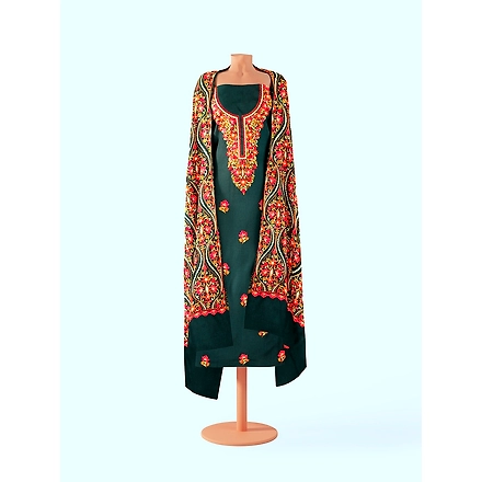 CASMIR WOMEN GREEN ZARI EMBROIDERY PASHMINA STOLE Combine UNSTITCHED SUIT &amp; SALWAR (NAAZ106)-GREEN-5