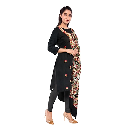 CASMIR WOMEN BLACK  ZARI EMBROIDERY PASHMINA STOLE Combine UNSTITCHED SUIT &amp; SALWAR (NAAZ106)-BLACK-3