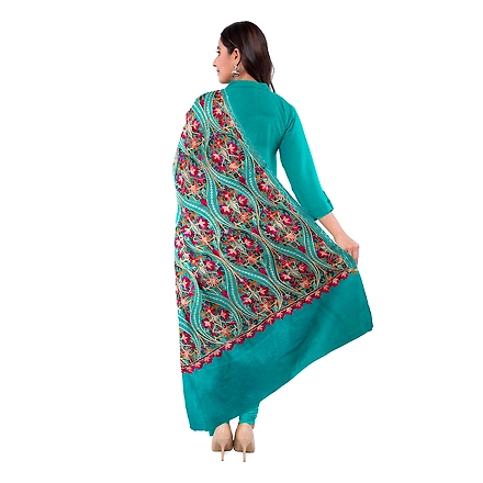 CASMIR WOMEN C.GREEN  ZARI EMBROIDERY PASHMINA STOLE Combine UNSTITCHED SUIT &amp; SALWAR (NAAZ106)-C.GREEN-1