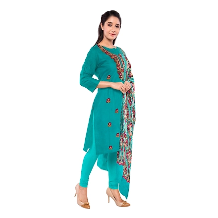 CASMIR WOMEN C.GREEN  ZARI EMBROIDERY PASHMINA STOLE Combine UNSTITCHED SUIT &amp; SALWAR (NAAZ106)-C.GREEN-3