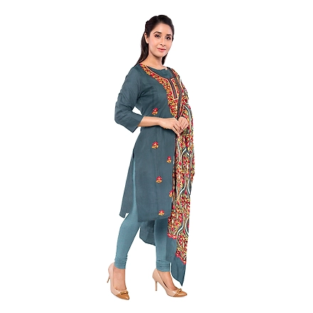 CASMIR WOMEN GREY ZARI EMBROIDERY PASHMINA STOLE Combine UNSTITCHED SUIT &amp; SALWAR (NAAZ106)-GREY-3