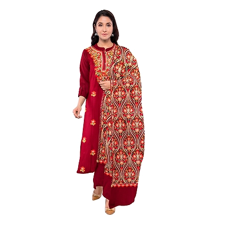 CASMIR WOMEN MAROON ZARI EMBROIDERY PASHMINA STOLE Combine UNSTITCHED SUIT &amp; SALWAR (NAAZ106)-NAAZ106-MAROON