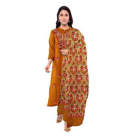 CASMIR WOMEN MUSTARD ZARI EMBROIDERY PASHMINA STOLE Combine UNSTITCHED SUIT &amp; SALWAR (NAAZ106)-NAAZ106-MUSTARD