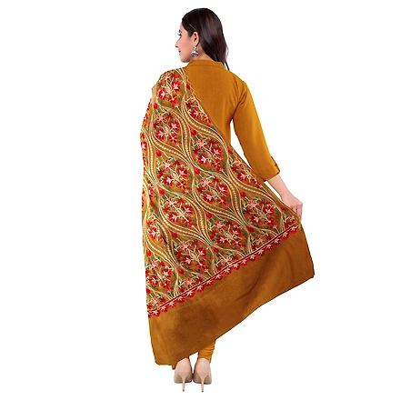 CASMIR WOMEN MUSTARD ZARI EMBROIDERY PASHMINA STOLE Combine UNSTITCHED SUIT &amp; SALWAR (NAAZ106)-MUSTARD-1