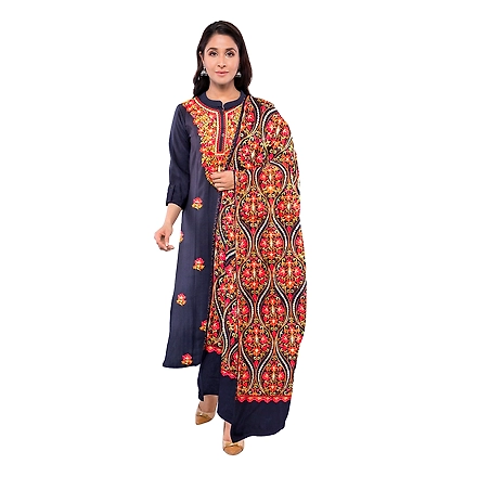 CASMIR WOMEN NAVY ZARI EMBROIDERY PASHMINA STOLE Combine UNSTITCHED SUIT &amp; SALWAR (NAAZ106)-NAAZ106-NAVY