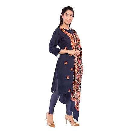 CASMIR WOMEN NAVY ZARI EMBROIDERY PASHMINA STOLE Combine UNSTITCHED SUIT &amp; SALWAR (NAAZ106)-NAVY-3