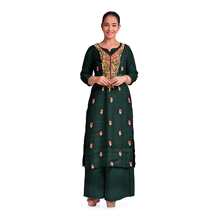 CASMIR WOMEN B.GREEN HEAVY ZARI EMBROIDERY UNSTITCHED PASHMINA SUIT COMBINE WITH SALWAR(MANNAT602)-MANNAT602-GREEN