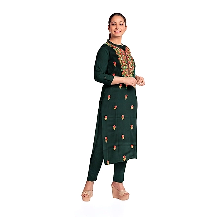 CASMIR WOMEN B.GREEN HEAVY ZARI EMBROIDERY UNSTITCHED PASHMINA SUIT COMBINE WITH SALWAR(MANNAT602)-GREEN-1