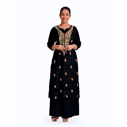 CASMIR WOMEN BLACK HEAVY ZARI EMBROIDERY UNSTITCHED PASHMINA SUIT COMBINE WITH SALWAR(MANNAT602)-MANNAT602-BLACK