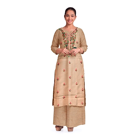 CASMIR WOMEN BEIGE HEAVY ZARI EMBROIDERY UNSTITCHED PASHMINA SUIT COMBINE WITH SALWAR(MANNAT602)-MANNAT602-BEIGE