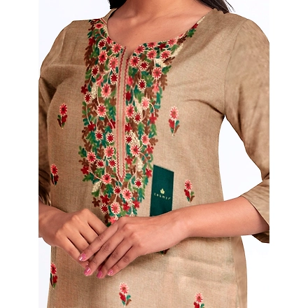 CASMIR WOMEN BEIGE HEAVY ZARI EMBROIDERY UNSTITCHED PASHMINA SUIT COMBINE WITH SALWAR(MANNAT602)-BEIGE-3