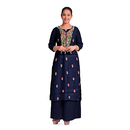 CASMIR WOMEN NAVY HEAVY ZARI EMBROIDERY UNSTITCHED PASHMINA SUIT COMBINE WITH SALWAR(MANNAT602)-MANNAT602-NAVY