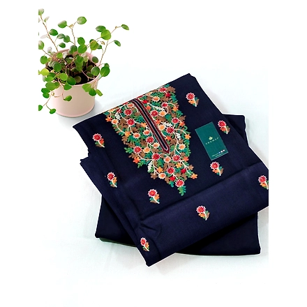 CASMIR WOMEN NAVY HEAVY ZARI EMBROIDERY UNSTITCHED PASHMINA SUIT COMBINE WITH SALWAR(MANNAT602)-NAVY-4