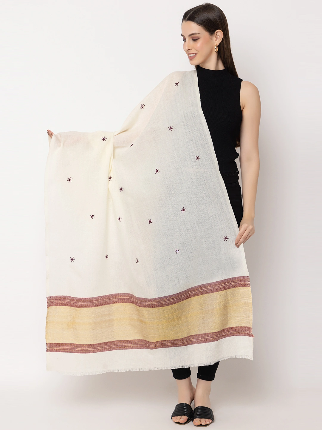 KUTCH  Hand ZARI Embroidery Mirror Work WHITE Woolen Shawl-ZARI1-WHITE