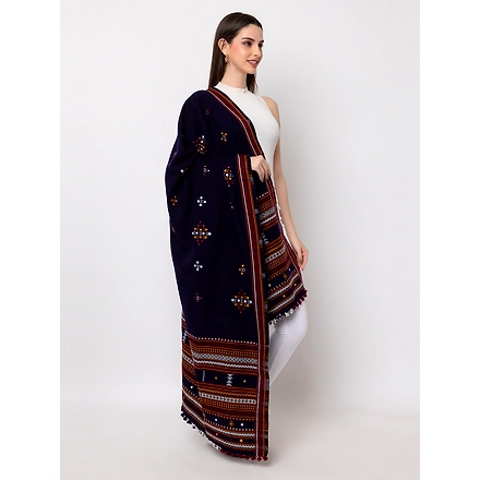 KUTCH  Hand Embroidery Mirror Work BLUE Woolen Shawl-13BUTTA-BLUE