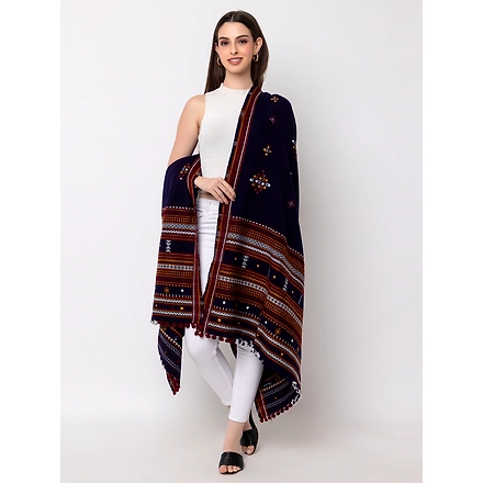 KUTCH  Hand Embroidery Mirror Work BLUE Woolen Shawl-1