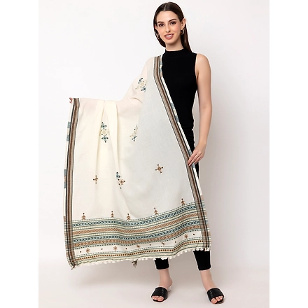 KUTCH  Hand Embroidery Mirror Work CREAM Woolen Shawl-CHOMUK1-CREAM