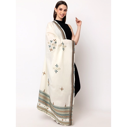 KUTCH  Hand Embroidery Mirror Work CREAM Woolen Shawl-1