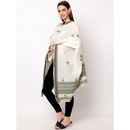 KUTCH  Hand Embroidery Mirror Work CREAM Woolen Shawl-3