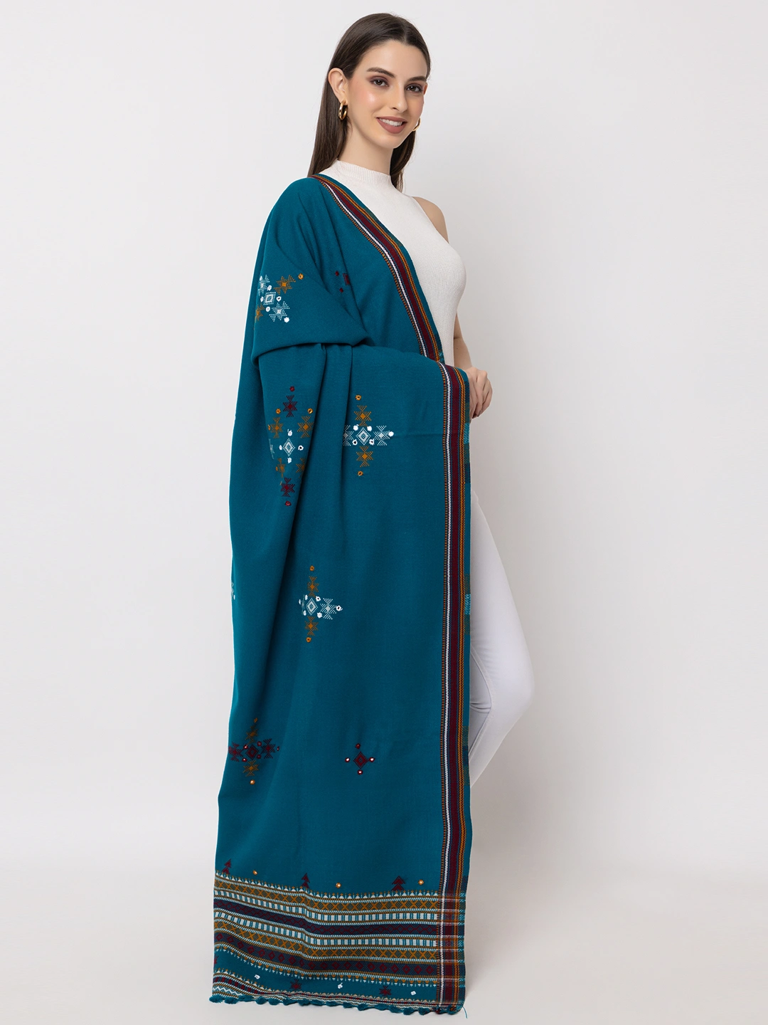 KUTCH  Hand Embroidery Mirror Work TEAL Woolen Shawl-1