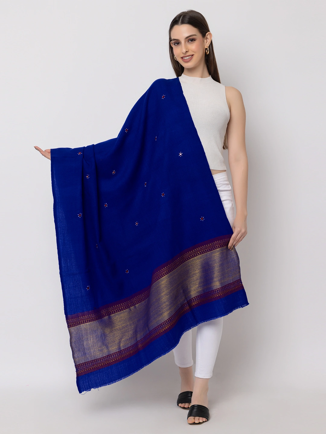 KUTCH  Hand ZARI Embroidery Mirror Work ROYAL Woolen Shawl-ZARI1-ROYAL