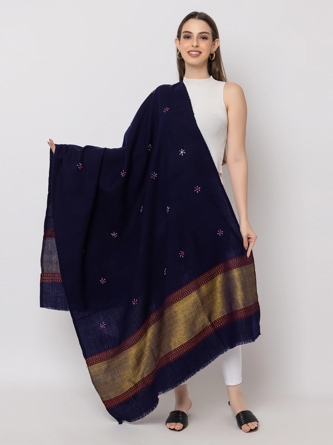 KUTCH  Hand ZARI Embroidery Mirror Work BLUE Woolen Shawl-ZARI1-BLUE